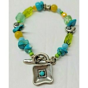 Danon Glass Shell Bracelet Beads Turquoise Toggle Silver Tone Pewter